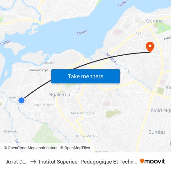 Arret De Bus to Institut Superieur Pedagogique Et Technique De Kinshasa map