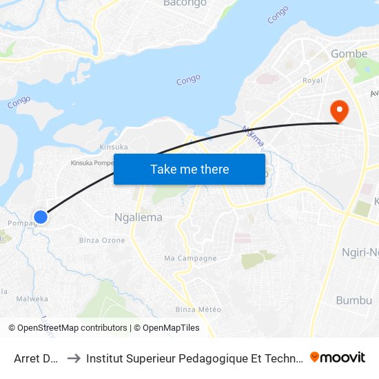 Arret De Bus to Institut Superieur Pedagogique Et Technique De Kinshasa map