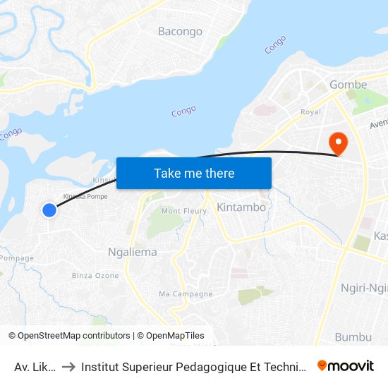 Av. Likinda to Institut Superieur Pedagogique Et Technique De Kinshasa map