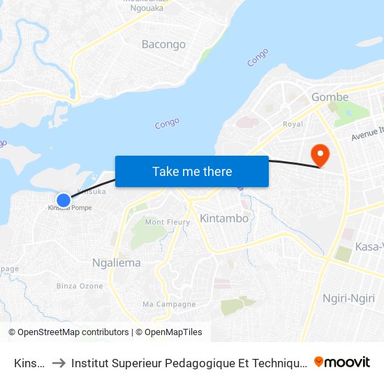 Kinsuka to Institut Superieur Pedagogique Et Technique De Kinshasa map