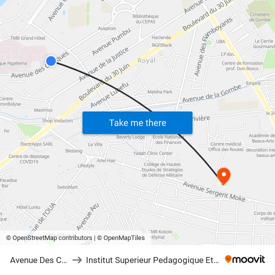 Avenue Des Cliniques, 13 to Institut Superieur Pedagogique Et Technique De Kinshasa map