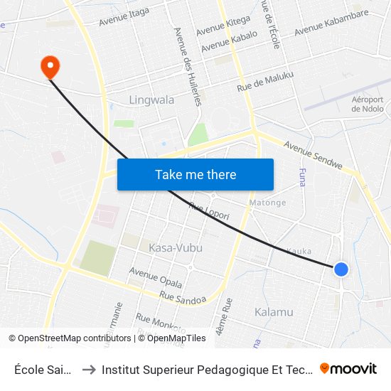 École Saint Marc to Institut Superieur Pedagogique Et Technique De Kinshasa map