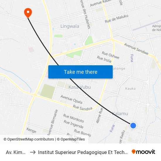 Av. Kimwenza to Institut Superieur Pedagogique Et Technique De Kinshasa map