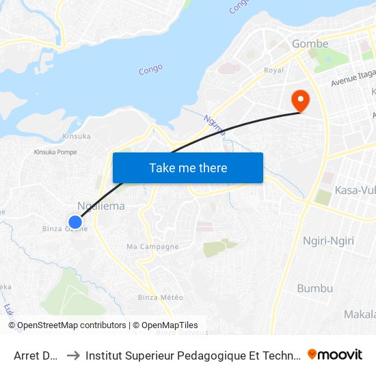 Arret De Bus to Institut Superieur Pedagogique Et Technique De Kinshasa map