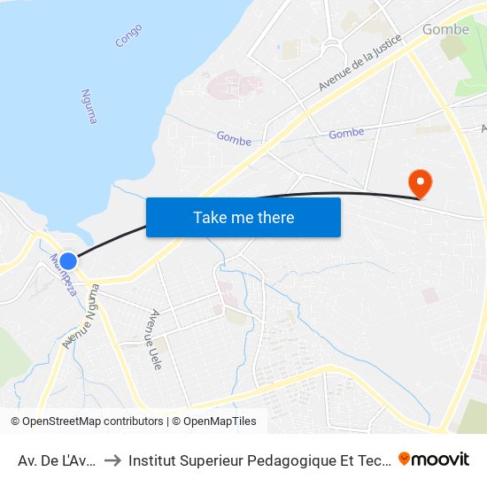 Av. De L'Avenir, 12 to Institut Superieur Pedagogique Et Technique De Kinshasa map