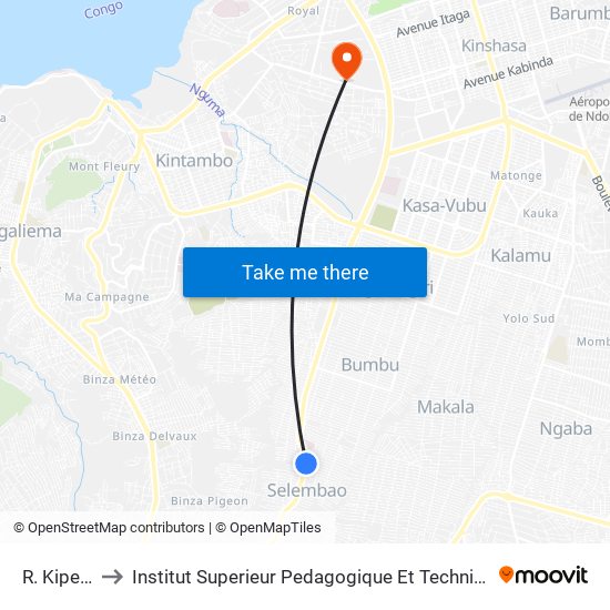 R. Kipemba to Institut Superieur Pedagogique Et Technique De Kinshasa map