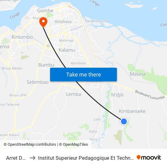 Arret De Bus to Institut Superieur Pedagogique Et Technique De Kinshasa map