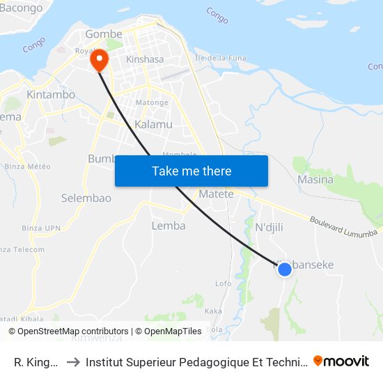 R. Kingoloto to Institut Superieur Pedagogique Et Technique De Kinshasa map