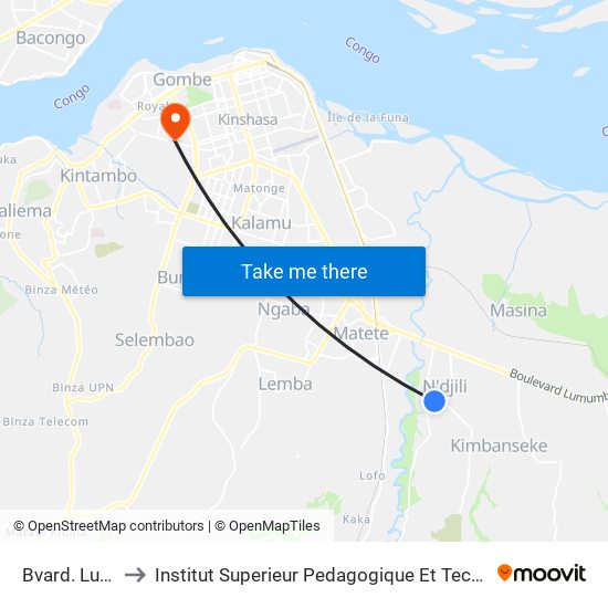 Bvard. Luvemba to Institut Superieur Pedagogique Et Technique De Kinshasa map