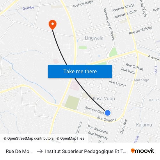 Rue De Momboyo, 1 to Institut Superieur Pedagogique Et Technique De Kinshasa map