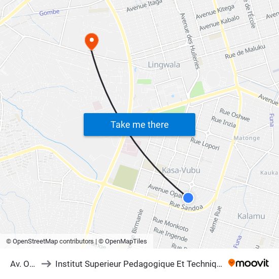 Av. Opala to Institut Superieur Pedagogique Et Technique De Kinshasa map