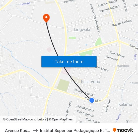 Avenue Kasavubu, 27 to Institut Superieur Pedagogique Et Technique De Kinshasa map