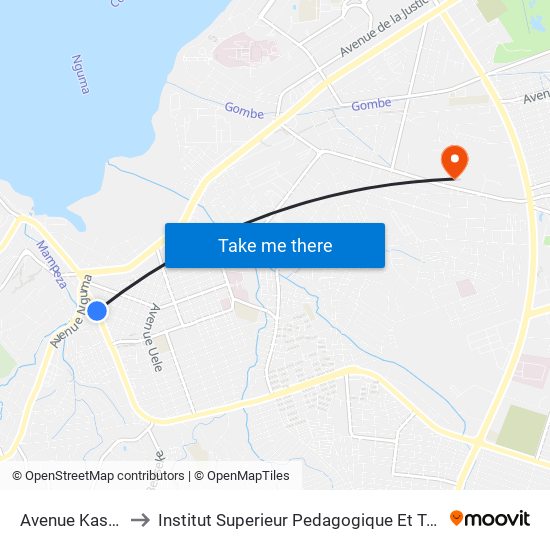 Avenue Kasa-Vubu, 6 to Institut Superieur Pedagogique Et Technique De Kinshasa map