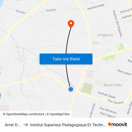 Arret De Bus to Institut Superieur Pedagogique Et Technique De Kinshasa map