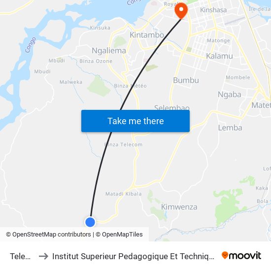 Telecom to Institut Superieur Pedagogique Et Technique De Kinshasa map