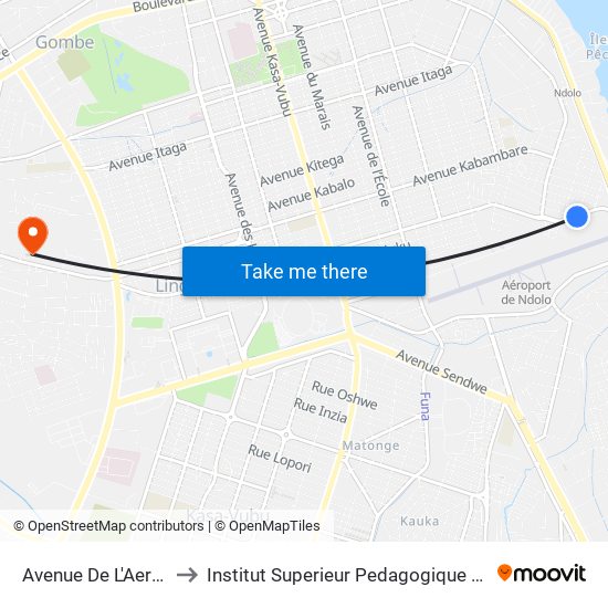 Avenue De L'Aerodrome, 3930 to Institut Superieur Pedagogique Et Technique De Kinshasa map