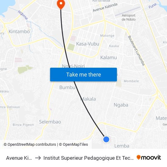 Avenue Kipase, 9 to Institut Superieur Pedagogique Et Technique De Kinshasa map