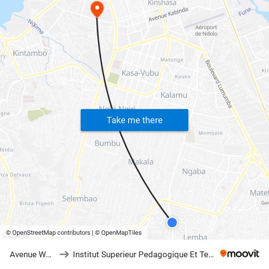 Avenue Wenge, 10 to Institut Superieur Pedagogique Et Technique De Kinshasa map