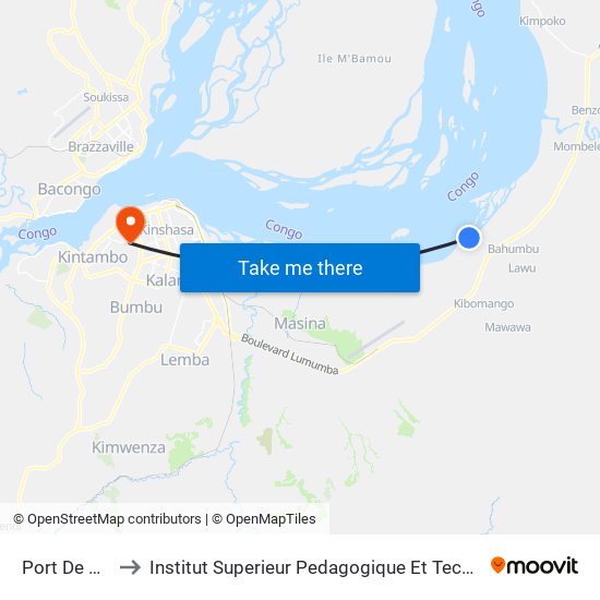 Port De Kinkole to Institut Superieur Pedagogique Et Technique De Kinshasa map