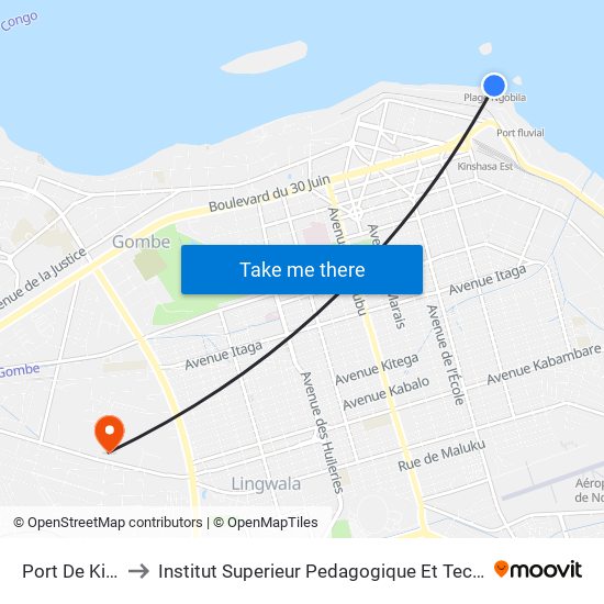 Port De Kinshasa to Institut Superieur Pedagogique Et Technique De Kinshasa map