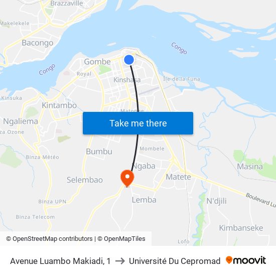 Avenue Luambo Makiadi, 1 to Université Du Cepromad map