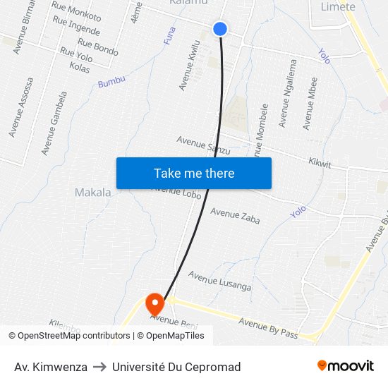 Av. Kimwenza to Université Du Cepromad map