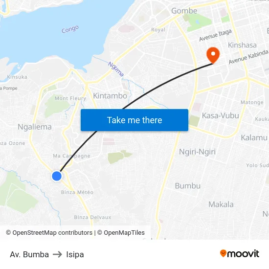 Av. Bumba to Isipa map