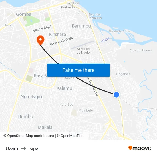 Uzam to Isipa map