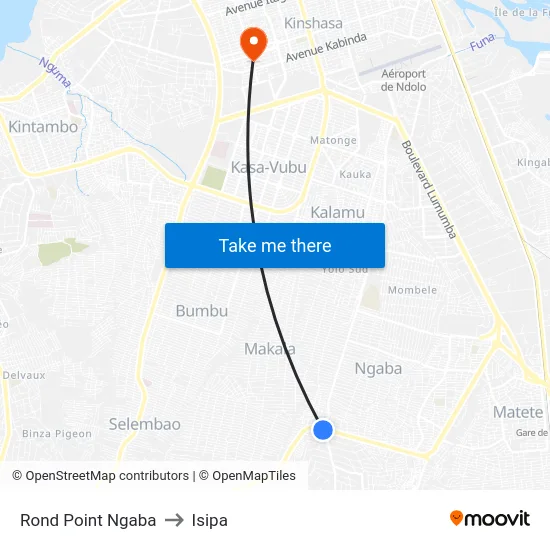 Rond Point Ngaba to Isipa map