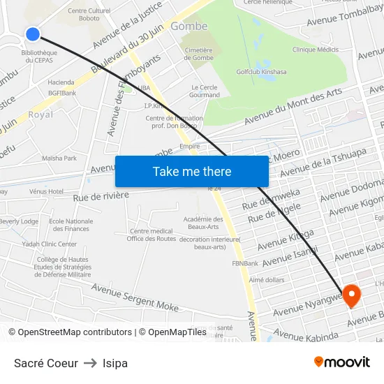 Sacré Coeur to Isipa map