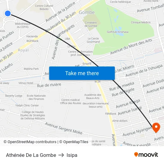 Athénée De La Gombe to Isipa map