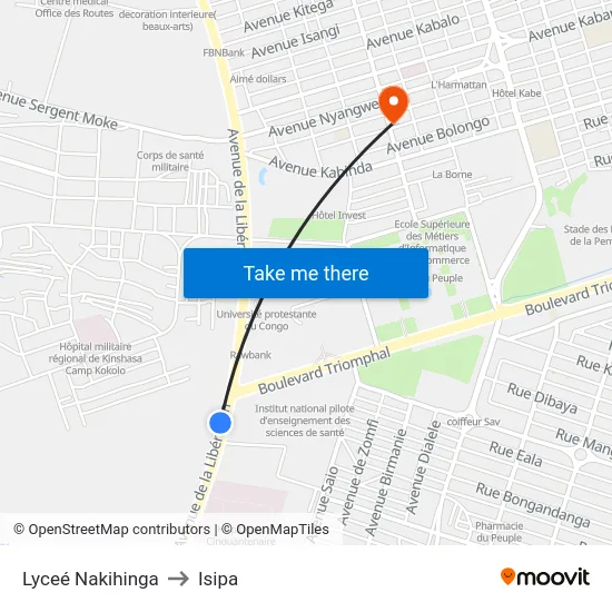Lyceé Nakihinga to Isipa map