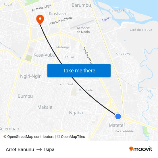 Arrêt Banunu to Isipa map