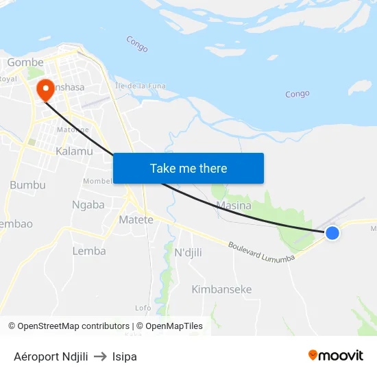 Aéroport Ndjili to Isipa map