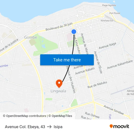 Avenue Col. Ebeya, 43 to Isipa map