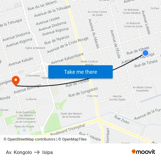 Av. Kongolo to Isipa map