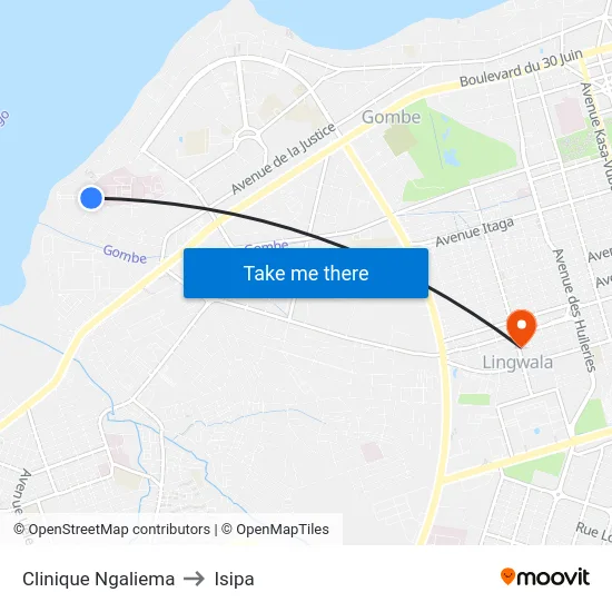 Clinique Ngaliema to Isipa map