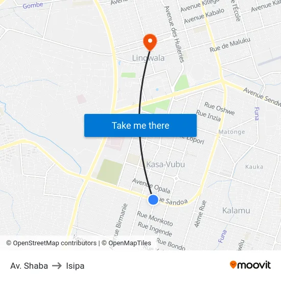 Av. Shaba to Isipa map