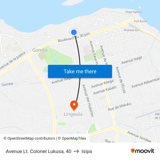 Avenue Lt. Colonel Lukusa, 40 to Isipa map