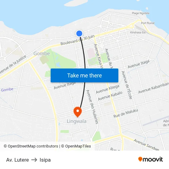 Av. Lutere to Isipa map