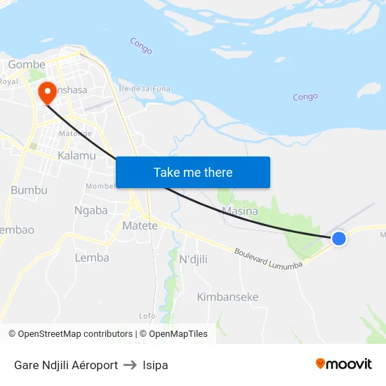 Gare Ndjili Aéroport to Isipa map