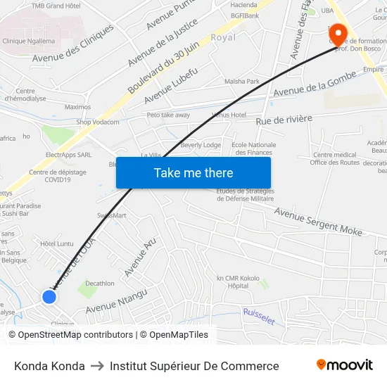 Konda Konda to Institut Supérieur De Commerce map