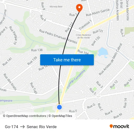 Go-174 to Senac Rio Verde map