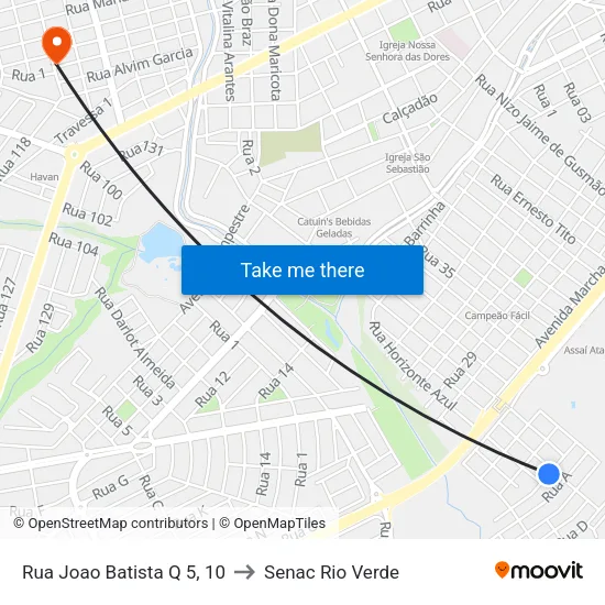 Rua B to Senac Rio Verde map