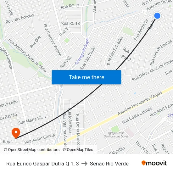 Rua Eurico Gaspar Dutra Q 1, 3 to Senac Rio Verde map