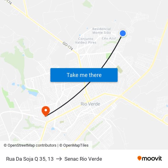 Rua Da Soja Q 35, 13 to Senac Rio Verde map