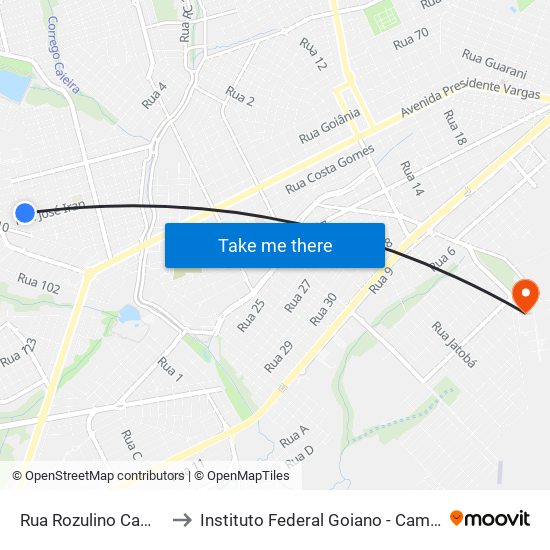 Rua Rozulino Campos, 210 to Instituto Federal Goiano - Campus Rio Verde map