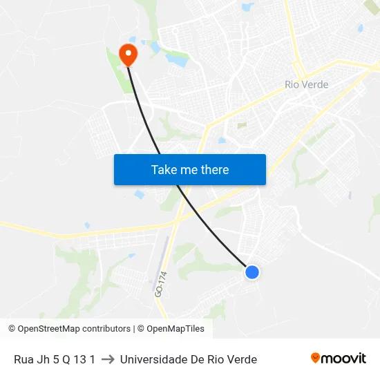 Rua Jh 5 Q 13 1 to Universidade De Rio Verde map