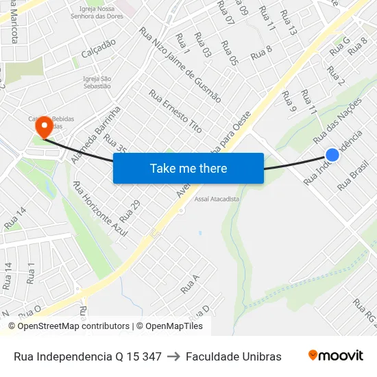 Rua Independencia Q 15 347 to Faculdade Unibras map