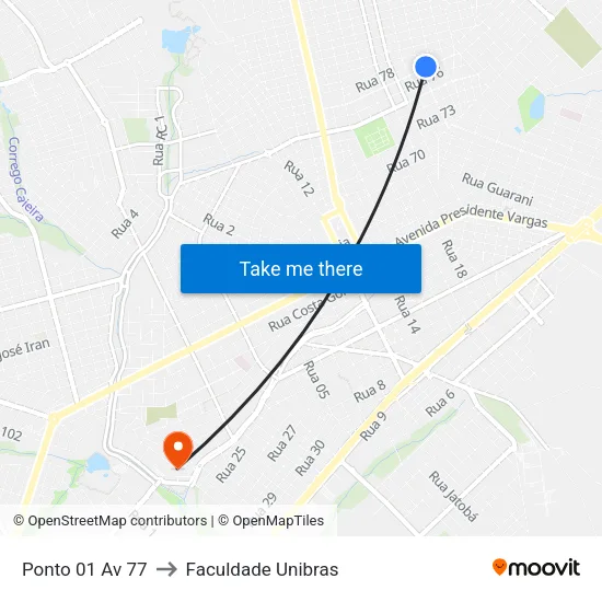 Ponto 01 Av 77 to Faculdade Unibras map